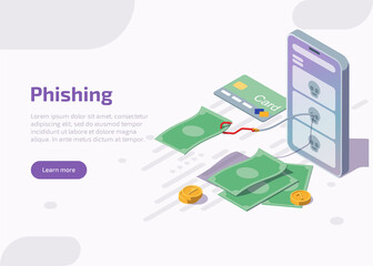 Phishing isometric landing page or web banner. Fishing hook catch money bills from mobile phone screen. Theft personal data in internet for hacking account. Cyber crime, 3d vector flat illustration.