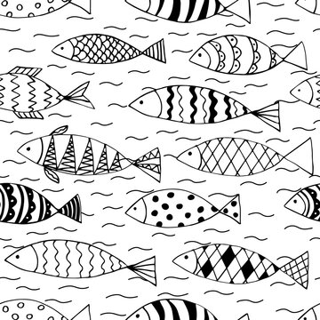 Doodles fish seamless. Funny monohrome print.
