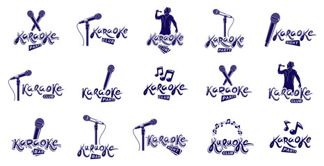 Karaoke logos and emblems vector set, microphones and musical notes singing party or club compositions isolated collection, music entertainment nightlife weekend holidays or birthday theme.