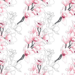 Obraz na płótnie Canvas Seamless pattern botanical pink-white Orchid flowers on abstract pink pastel backgground.Vector illustration drawing watercolor style.For used wallpaper design,textile fabric or Product packaging.