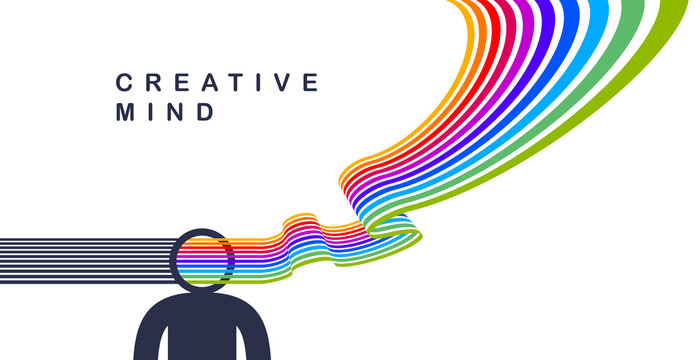 Creative mind brain vector concept in flat trendy design style, colorful rainbow stripes goes out of man head symbolizes creative ideas and thinking, artist designer or writer author.