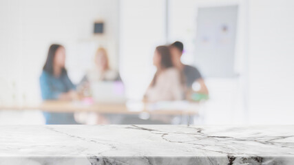 Empty white marble stone tabletop and blurred bokeh people working in office interior space banner...