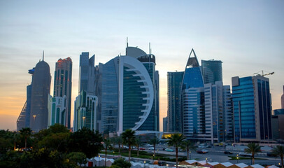 Fototapeta na wymiar Doha, Qatar- 14 February 2019 : The beautiful skyline of the doha city with many Skyscrapers.