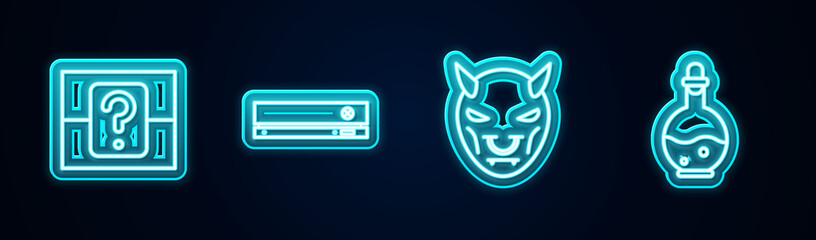 Set line Mystery or random box, Video game console, Mask of the devil with horns and Bottle magic elixir. Glowing neon icon. Vector.