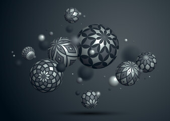 Abstract metallic spheres vector background, composition of flying balls decorated with patterns of shiny metal, 3D mixed variety realistic globes with ornaments, realistic depth of field effect.