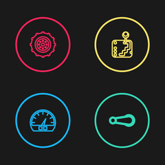 Set line Speedometer, Car door handle, Gear shifter and wheel icon. Vector.