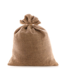 Tied burlap bag isolated on white. Organic material
