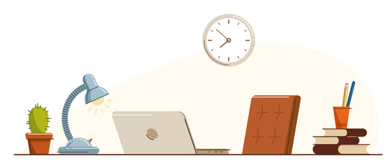 Work desk flat illustration isolated over white, office or home working place vector modern illustration, empty chair nobody vacant job concept, comfortable space for work.