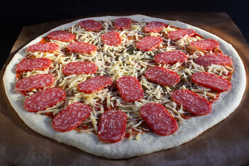 Raw dough for pizza preparation with ingredient: pepperoni, tomato sauce, parmesan, tomatoes, olive oil, cheese, spices. Italian pizza margherita