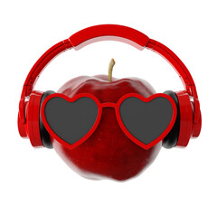 apple with sunglasses and headphones on white background 3d rendering