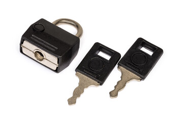 Locked detachable luggage lock with two keys on white background