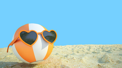 beach ball with sunglasses on the beach,blue background summer vacation concept 3d rendering