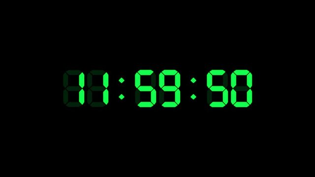 12 hour o'clock digital clock. Seconds count to twelve. Numerical electronic green display screen.