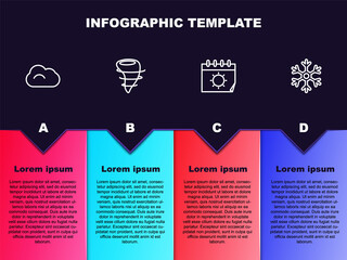 Set line Cloud, Tornado, Calendar and sun and Snowflake. Business infographic template. Vector.