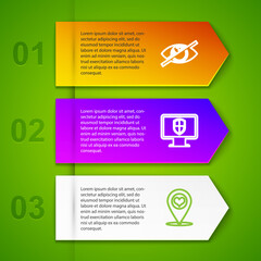 Set line Invisible or hide, Monitor and shield, Map pointer with heart and Download. Business infographic template. Vector.