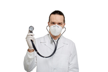 Fototapeta na wymiar A doctor in a medical gown and mask holds a phonendoscope in his hand. The concept of a heartbeat. White isolated background.
