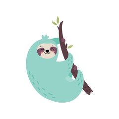Cute hand drawn sloth hanging on the tree. Lazy animal character. Jungle animal. Design for t shirt print, greeting card, poster. Hand drawn vector illustration.