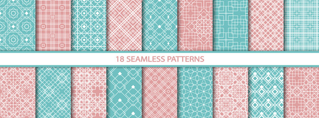 Set of decorative seamless patterns of different geometric forms. Endless repeat abstract vector illustration for wallpaper, wrapping paper, fabric. Collection of square, cube, rhombus, triangle, line