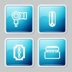 Set line Hair dryer, Curling iron for hair, Blade razor and Cream lotion cosmetic tube icon. Vector.