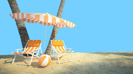 beach chair,beach umbrella and beach ball on the beach,blue background summer vacation concept 3d rendering