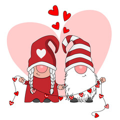 Love card. Couple of gnomes holding hands and with a garland of hearts