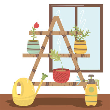 home garden shelf with potted plants watering can and sprayer