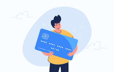 Happy smiling man hugging big credit card. Flat modern concept vector illustration of people who use credit and debit bank card for payment and banking. Casual consumer with card on white background - obrazy, fototapety, plakaty