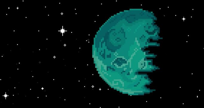 Pixel art space animation. Planet, stars, space. Pixel art 8 bit vector game retro