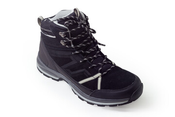 Black trekking boot on a white background