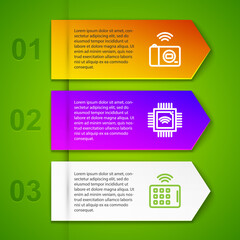 Set line Smart photo camera, Processor with microcircuits CPU, Wireless tablet and stereo speaker. Business infographic template. Vector.