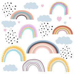 Doodle rainbows and clouds with hearts pattern background