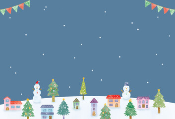 クリスマスの街並みと雪のグリーティングカードイラスト
