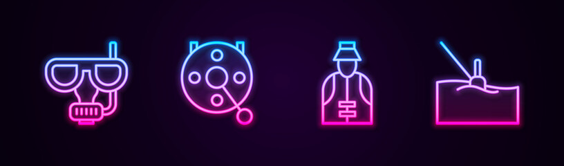 Fototapeta na wymiar Set line Diving mask and snorkel, Spinning reel for fishing, Fisherman and Fishing float water. Glowing neon icon. Vector.