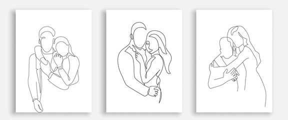 Fototapeta na wymiar Couple Trendy Line Art Drawing Prints Set. One Line Couple Illustration. Minimalistic Black Lines Drawing. Continuous One Line Abstract Drawing. Modern Scandinavian Design. Vector EPS 10