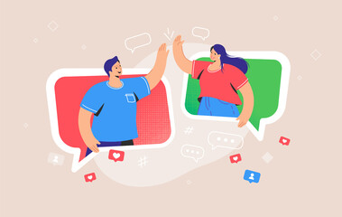 Video call or mobile chat conversation. Concept vector illustration of two friends giving a high-five standing in big speech bubbles. Online greeting and online communication for people and friendship