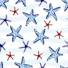 Hand drawn sea stars seamless. Marine illustration shell. Print for fabric, wallpaper, wrapping paper, textile, bedding, t-shirt..