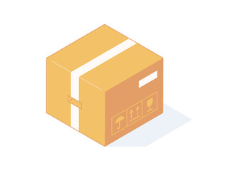 Close isometric cardboard box for delivery or storage. Brown carton post and warehouse package with labels and adhesive tape in isolated vector illustration. Parcel in craft cardboard or paper box.