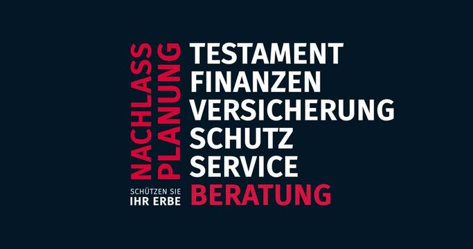 Nachlassplanung. Sch&uuml;tzen Sie Ihr Erbe. Animierte Schlagwortwolke. Kinetische Text Animation.