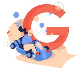 Concept illustration with woman in helmet riding go-karting car and capital letter G on background. Vector scene drawn in blue and orange