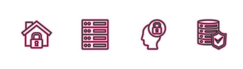 Set line House under protection, Human head with lock, Server, Data, Web Hosting and shield icon. Vector.