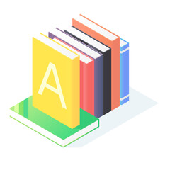 Books stack isometric. Pile of standing paperback literature with hardcover isolated on white background. Handbooks with colorful covers for school education and reading concept.