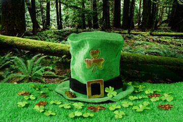 Green leprechaun hat with gold clover leaf, shamrock leaves and gold coins on green grass in dark forest. Saint Patricks Day banner, poster, flyer, invitation template