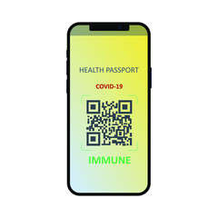 Vector illustration 2021 Travel Health Passport Mandatory Covid Test. New normal after COVID-19 pandemic Test for coronavirus infection. Immunity Passport Cell QR code Design print with text IMMUNE.