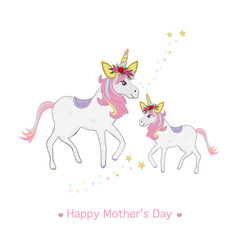 Mom and daughter unicorns girls. Happy Mother's day magical unicorn greeting card illustration