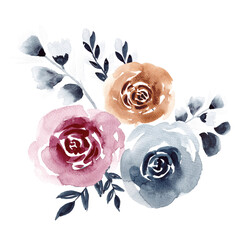 Watercolor bouquet of roses isolated on white background for invitations, greeting cards, business card. Indigo flowers
