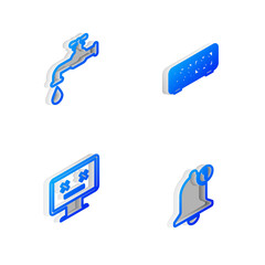 Set Isometric line Retro flip clock, Water tap, Dead monitor and Bell icon. Vector.