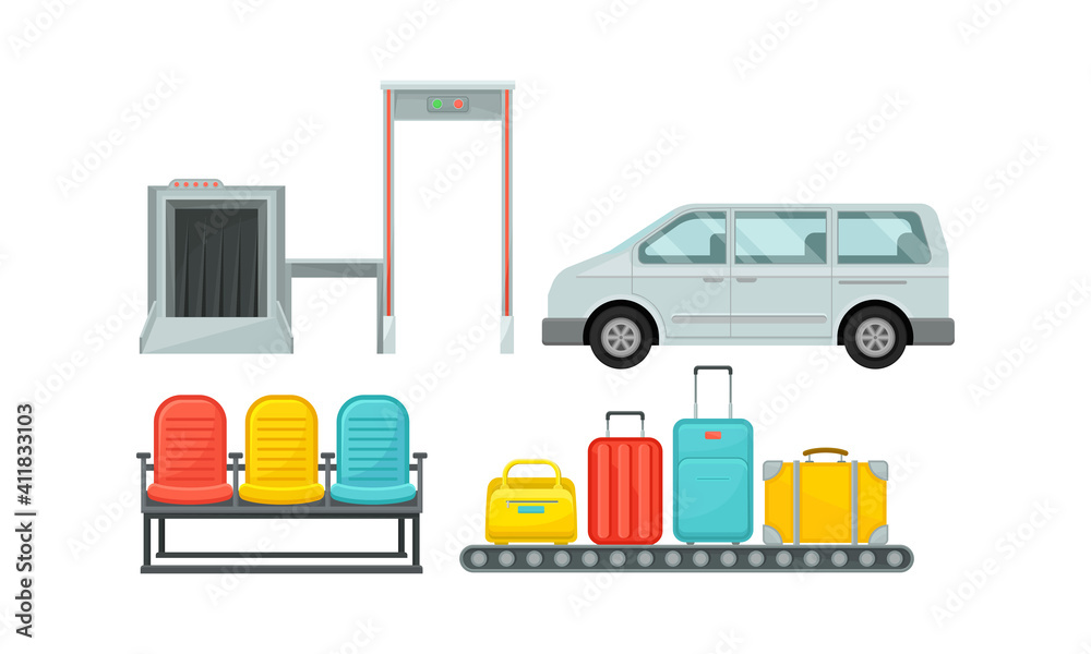 Poster baggage conveyor belt and seats as airport terminal vector set