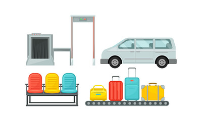 Baggage Conveyor Belt and Seats as Airport Terminal Vector Set