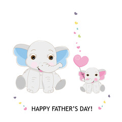 Father Elephant Baby Elephant. Father's day greeting card elephant giving baby elephant gift heart balloon. Happy Father's day cute cartoon greeting card illustration
