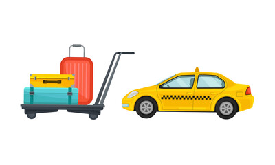 Yellow Taxi Car and Trolley with Baggage as Airport Terminal Vector Set
